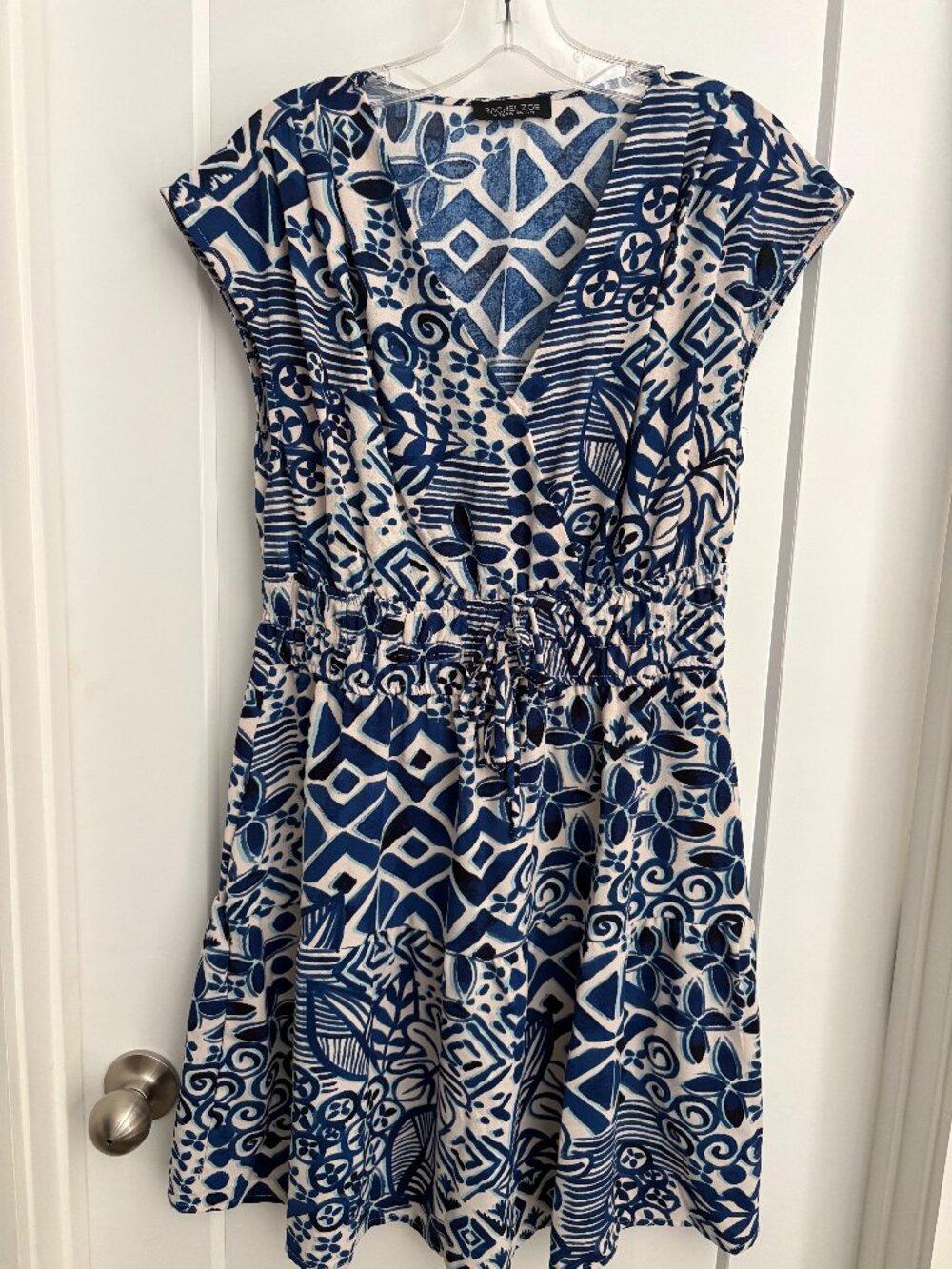 Rachel Zoe White & Navy Floral Geometric Dress – Large- Pre-owned